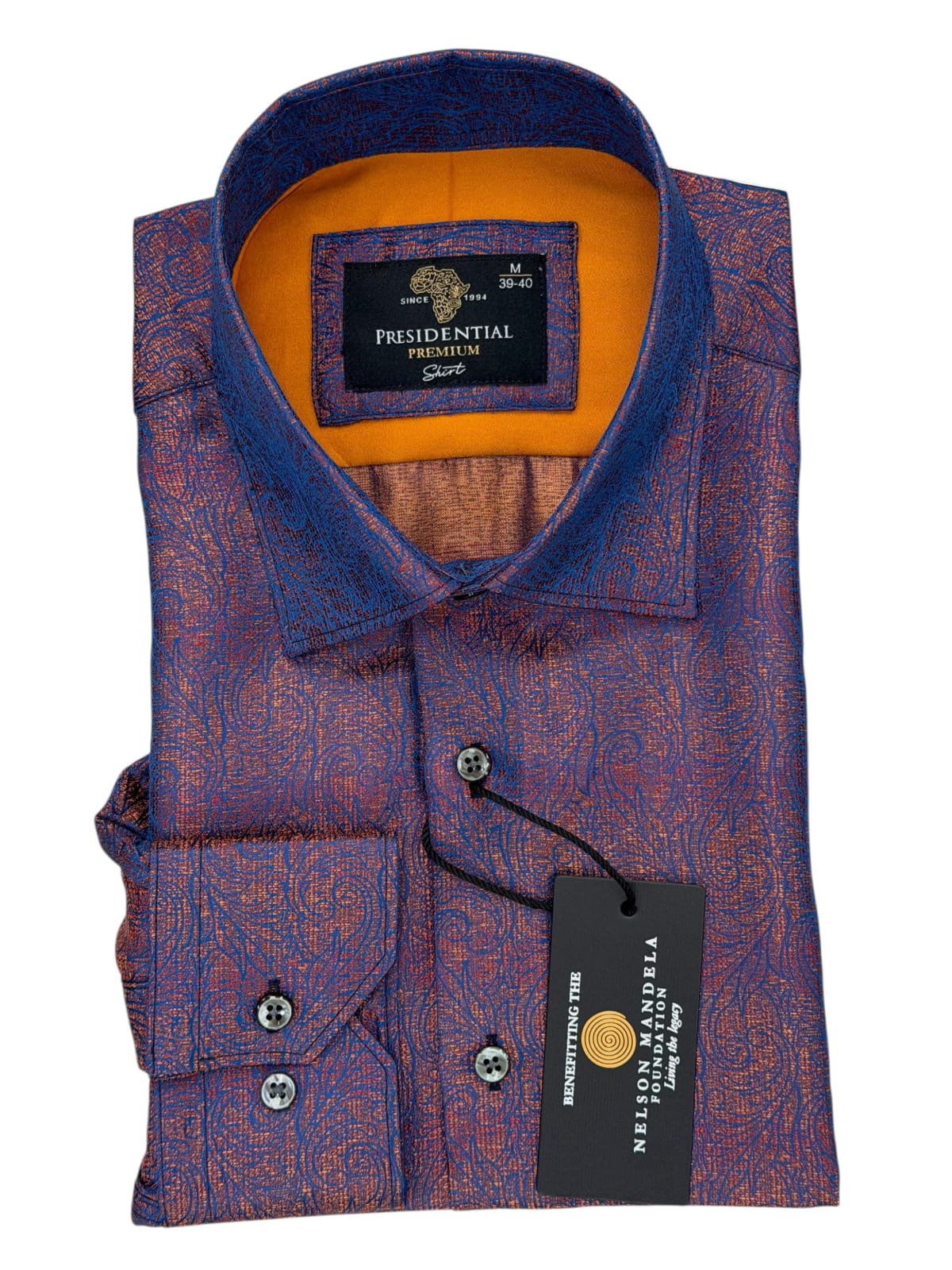 Presidential Premium Men's Blue and Orange Paisley Luxury Long-Sleeve Shirt